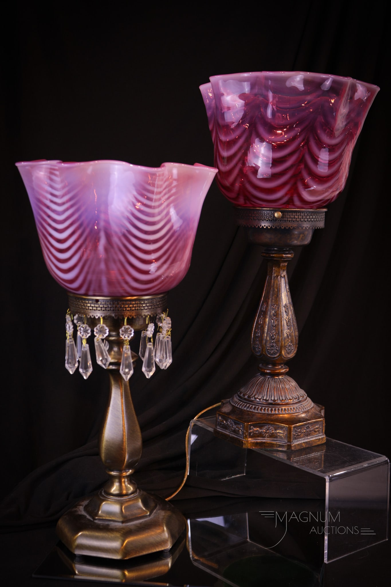 2 pc Lot Cranberry Opalescent Fenton Drapery Dresser Lamps (1 of 8)