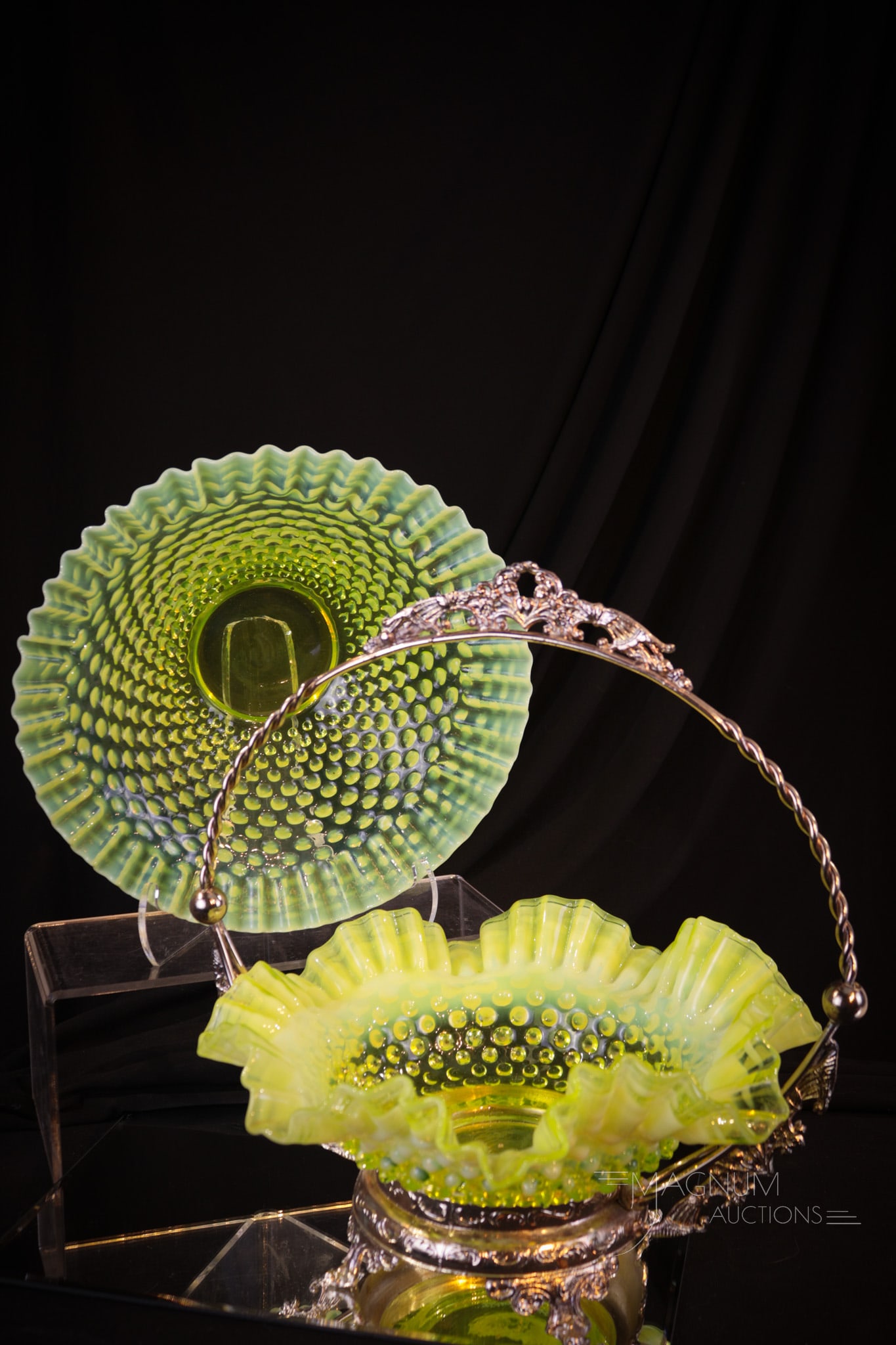 2 pc Lot Fenton Topaz Vaseline Opalescent Hobnail Glass Brides Basket & More (1 of 10)