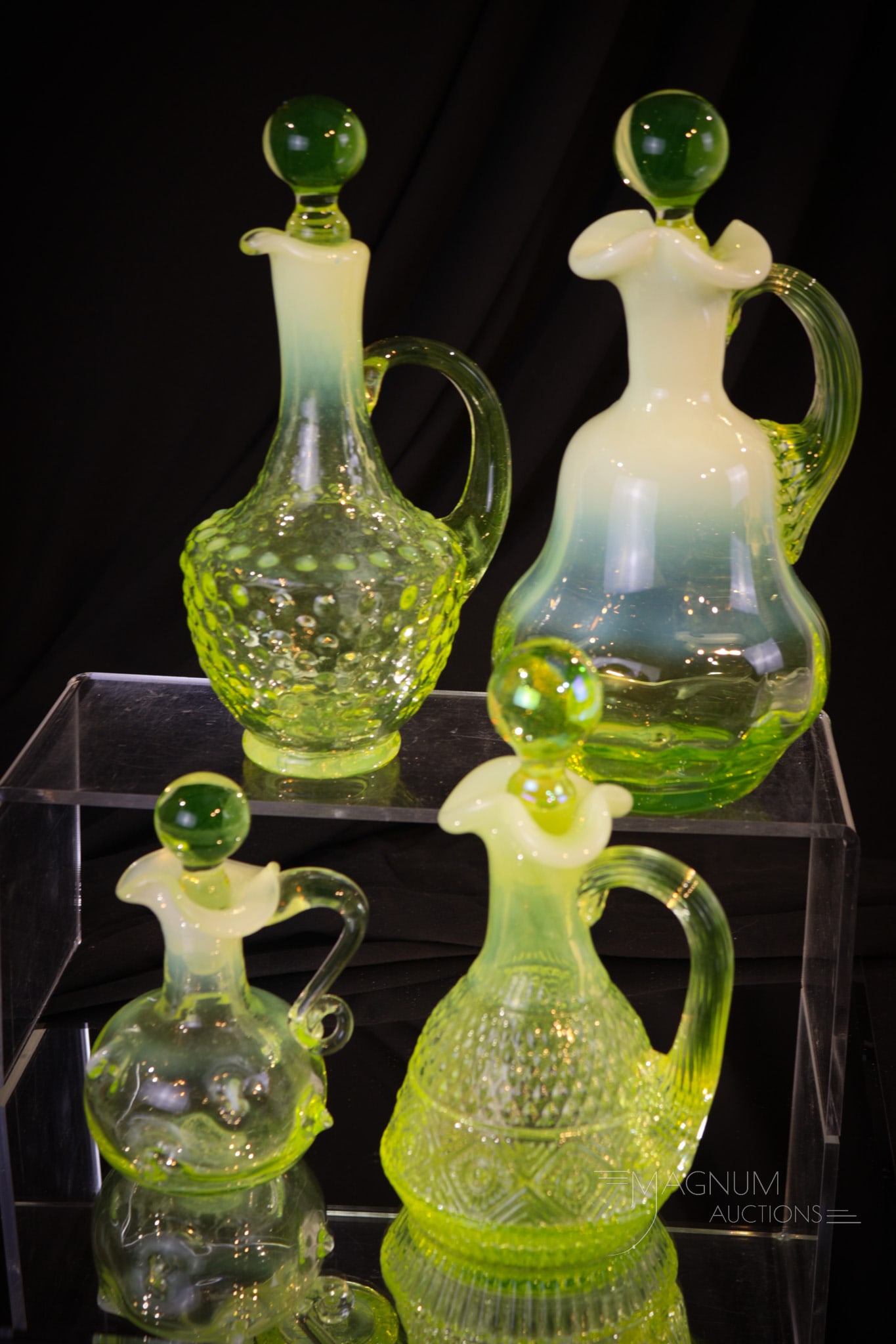 4 pc Lot Gibson Vaseline Opalescent Glass Cruets: Four distinct finds in Gibson glass vaseline opalescent cruets. Each a beauty to hold and behold. Tallest measures 7 3/4".