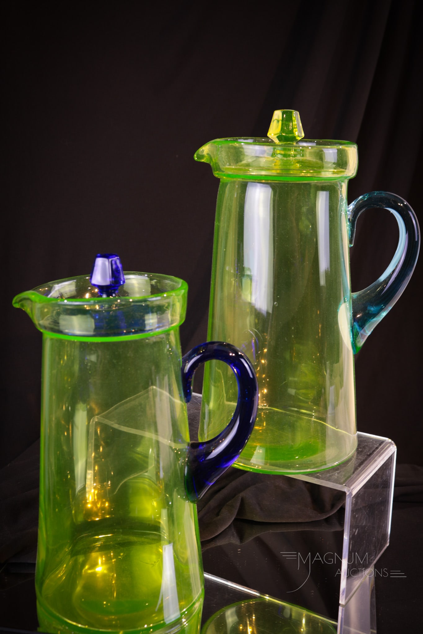 2 pc Lot Depression Era Vaseline Glass Tankard Pitchers (1 of 11)