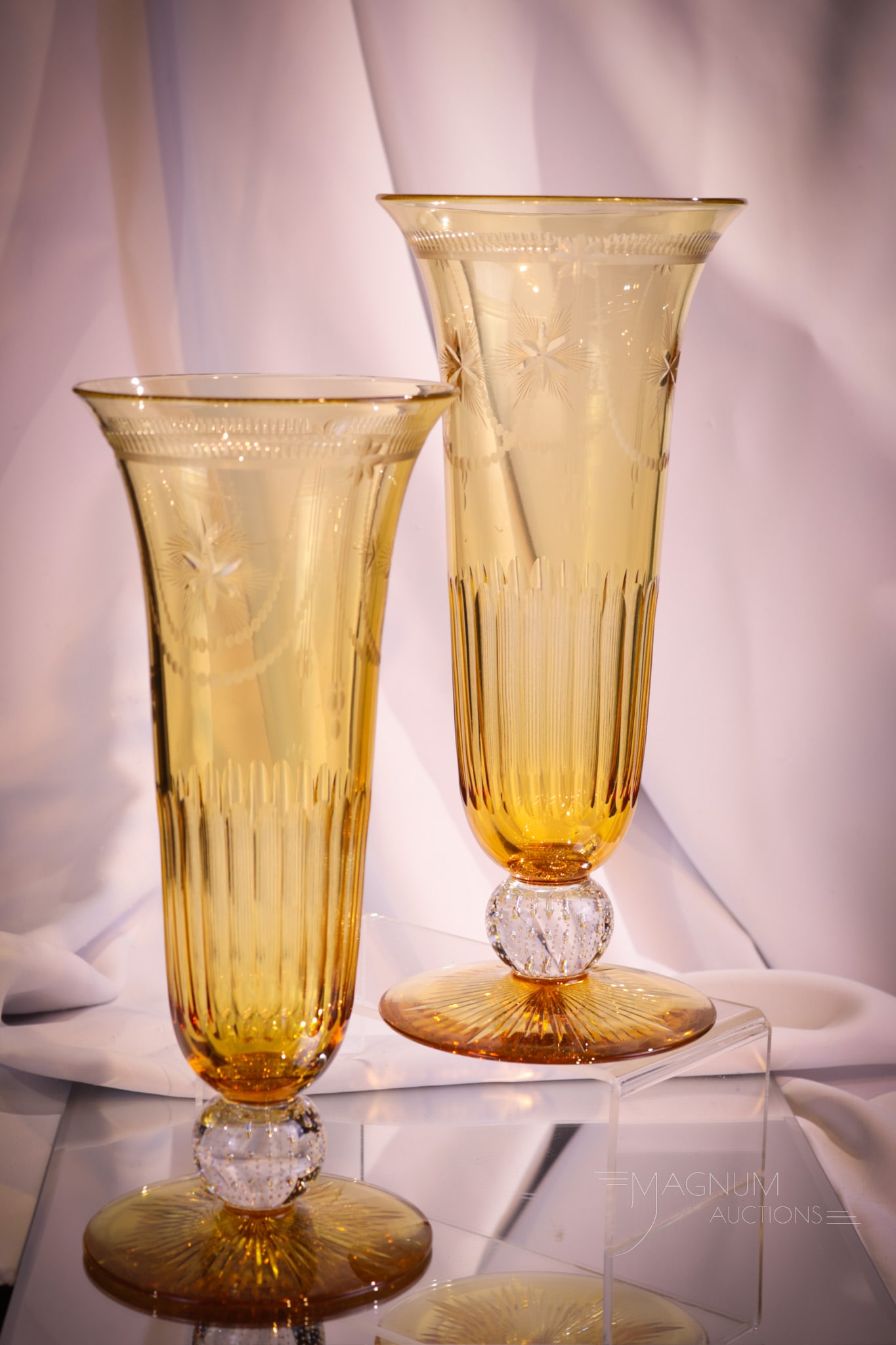 Pair Pairpoint Controlled Bubble Amber Uranium Vaseline Glass 12" Cut Vases (1 of 9)