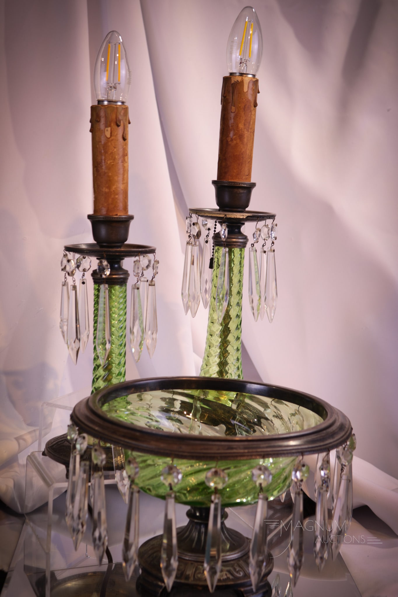 Rare Pairpoint Uranium Green Glass Silverplate 3-Piece Console Lamp Set (1 of 9)