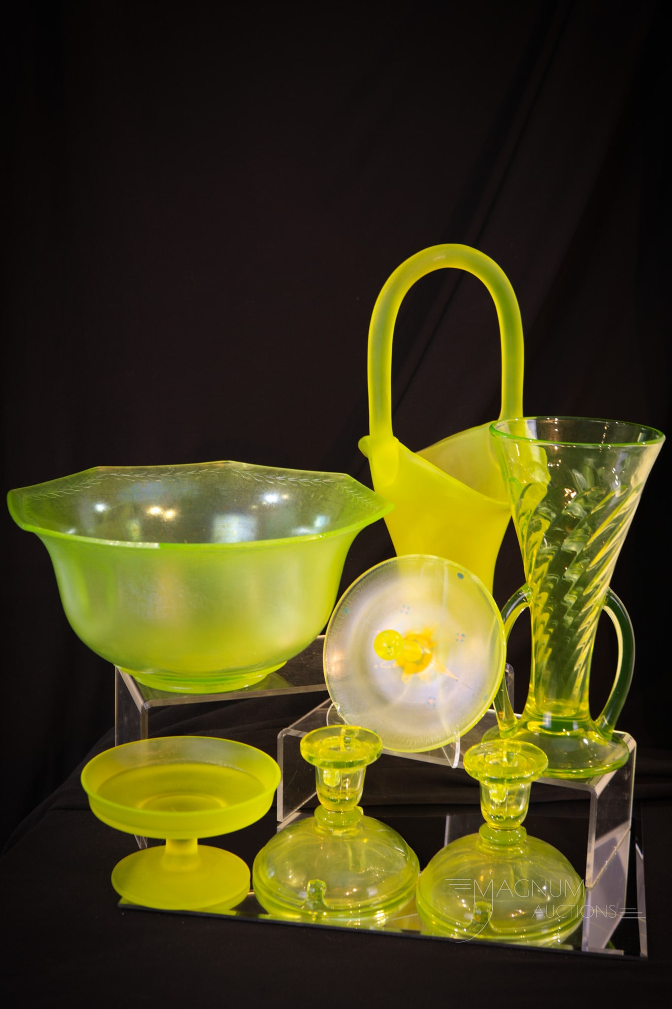 7 pc Lot of Madness in Vaseline Glass: Are you driven mad looking at all of the vaseline in this auction? Well here's another lot to make you even more so. This lot consists of seven pieces of devine pleasure represented by makers such as