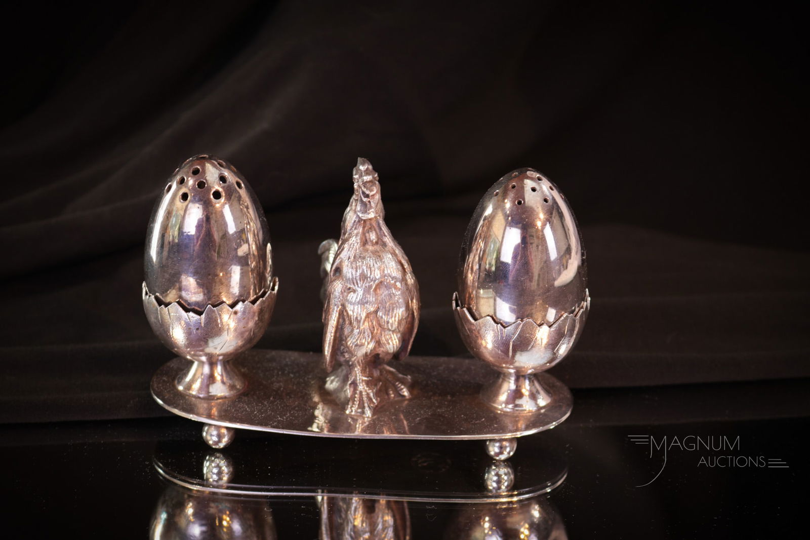 Signed Pairpoint Rare Figural Rooster and Egg Salt Shaker Castor Set (1 of 6)