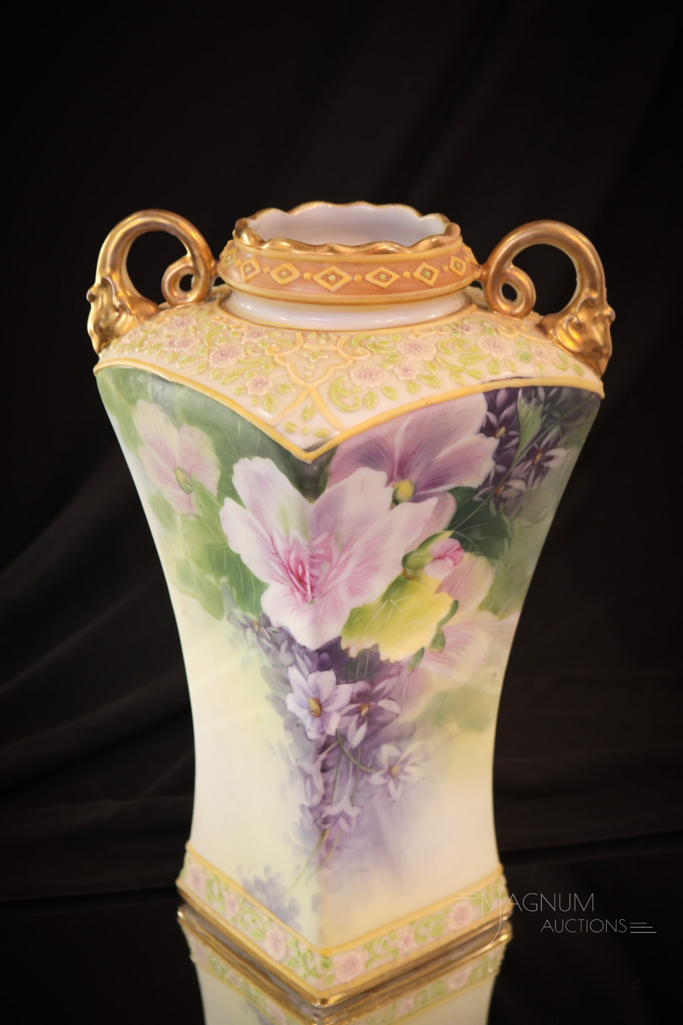 Green Mark Nippon Satin Roses Double Handle 10" Vase: Lovely green mark Nippon satin double handle roses decorated vase. Impressive piece measuring in at 10" tall of pure beauty.