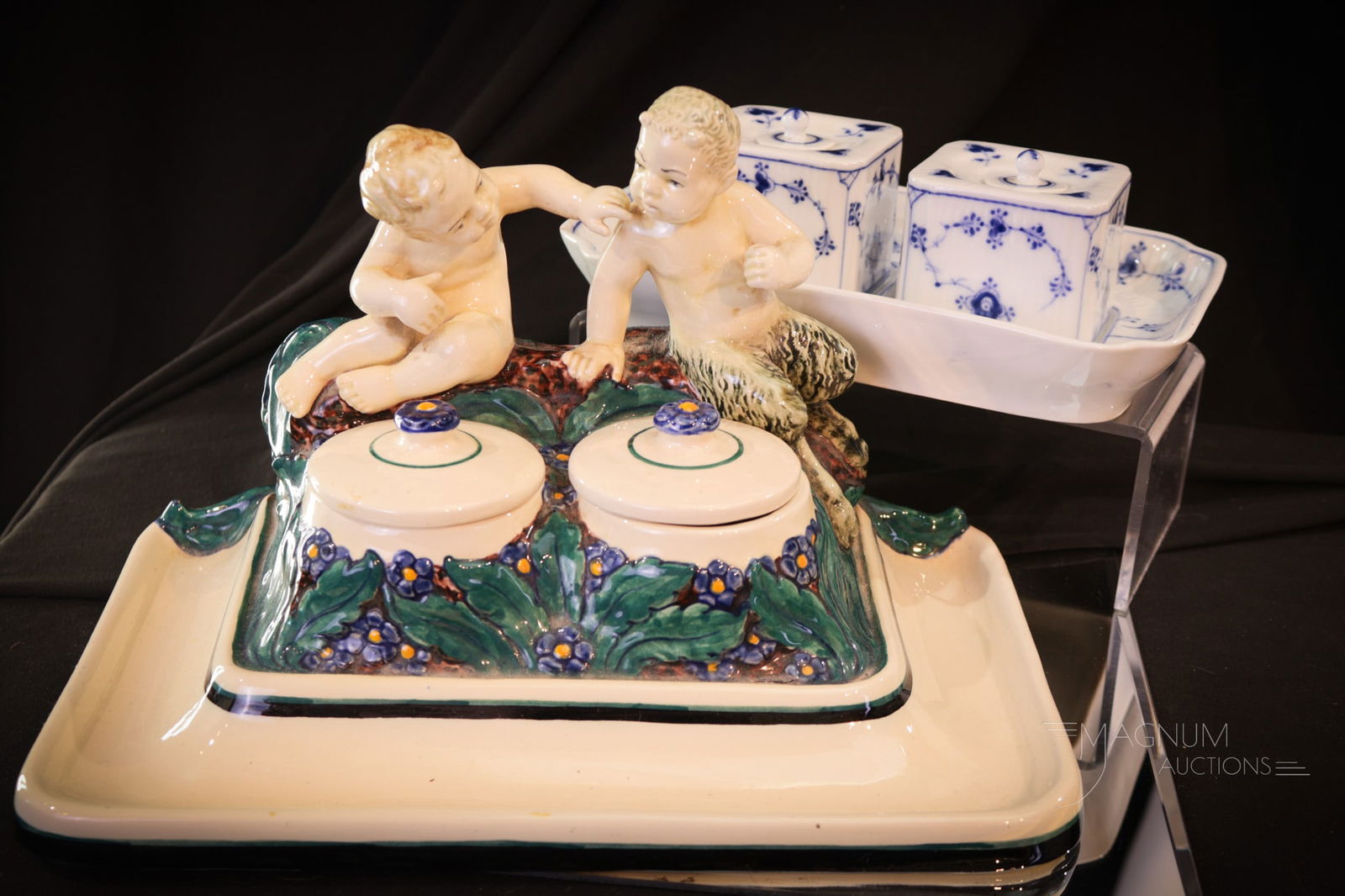 2 pc Lot Ceramic Inkwell Desk Sets Royal Copenhagen & Majolica (1 of 11)