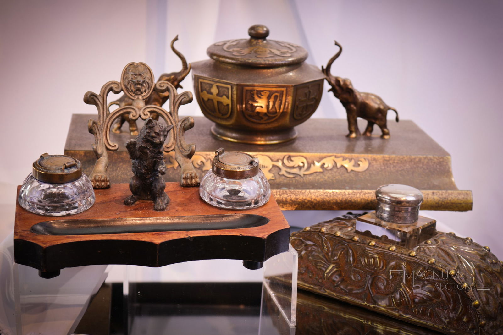 3 pc Lot Large Brass Inkwell Desk Sets (1 of 13)