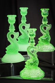 2 Pairs Cambridge Dolphin Uranium Green Candlesticks