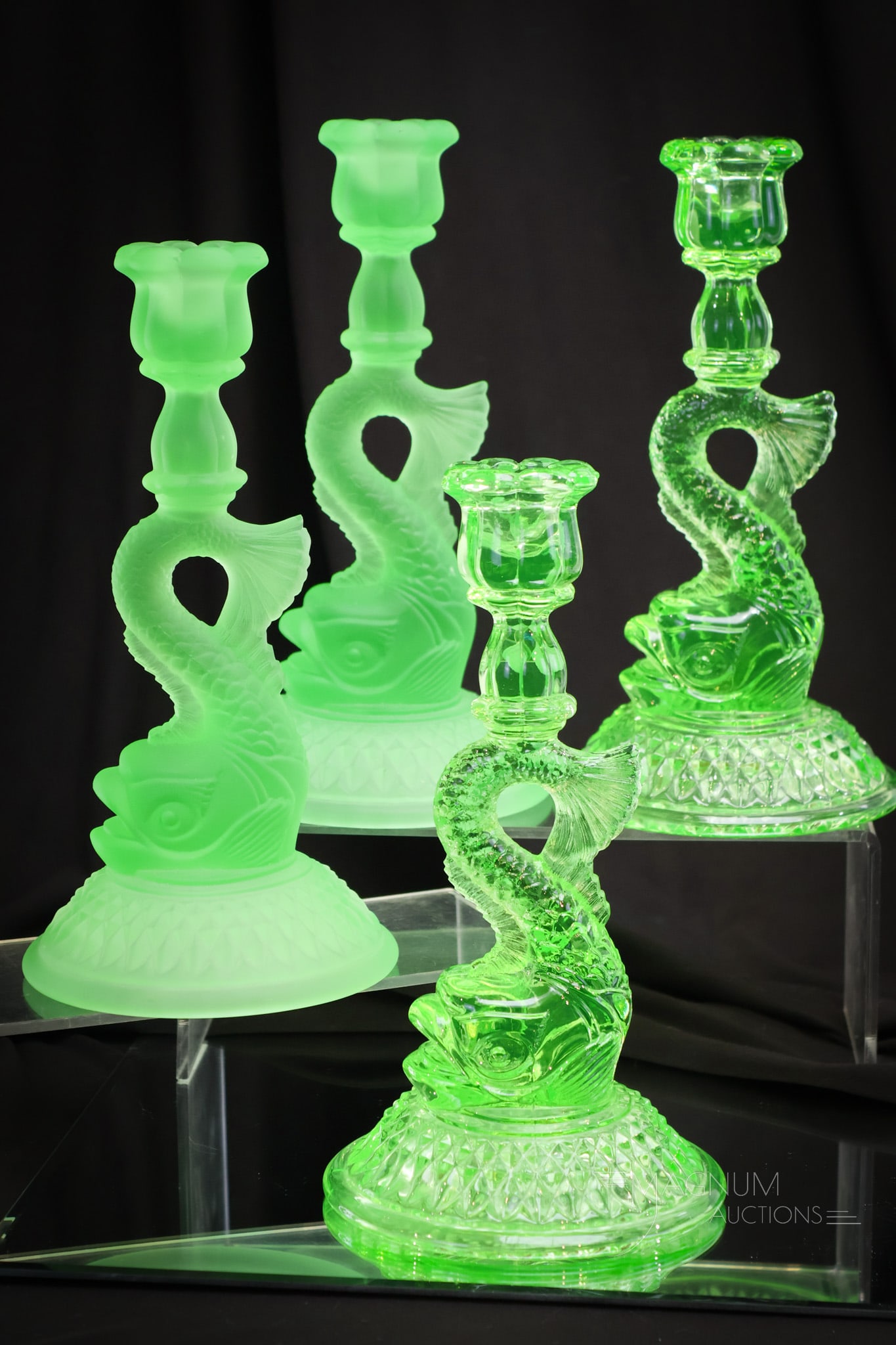 2 Pairs Cambridge Dolphin Uranium Green Candlesticks
