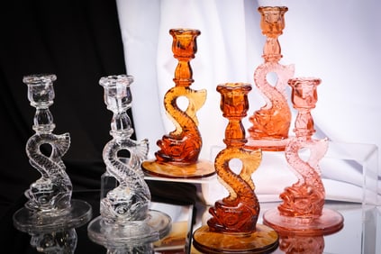 3 prs Cambridge Glass Dolphin Candlesticks Variants