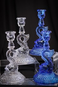 2 prs Cambridge Glass Dolphin Candlesticks