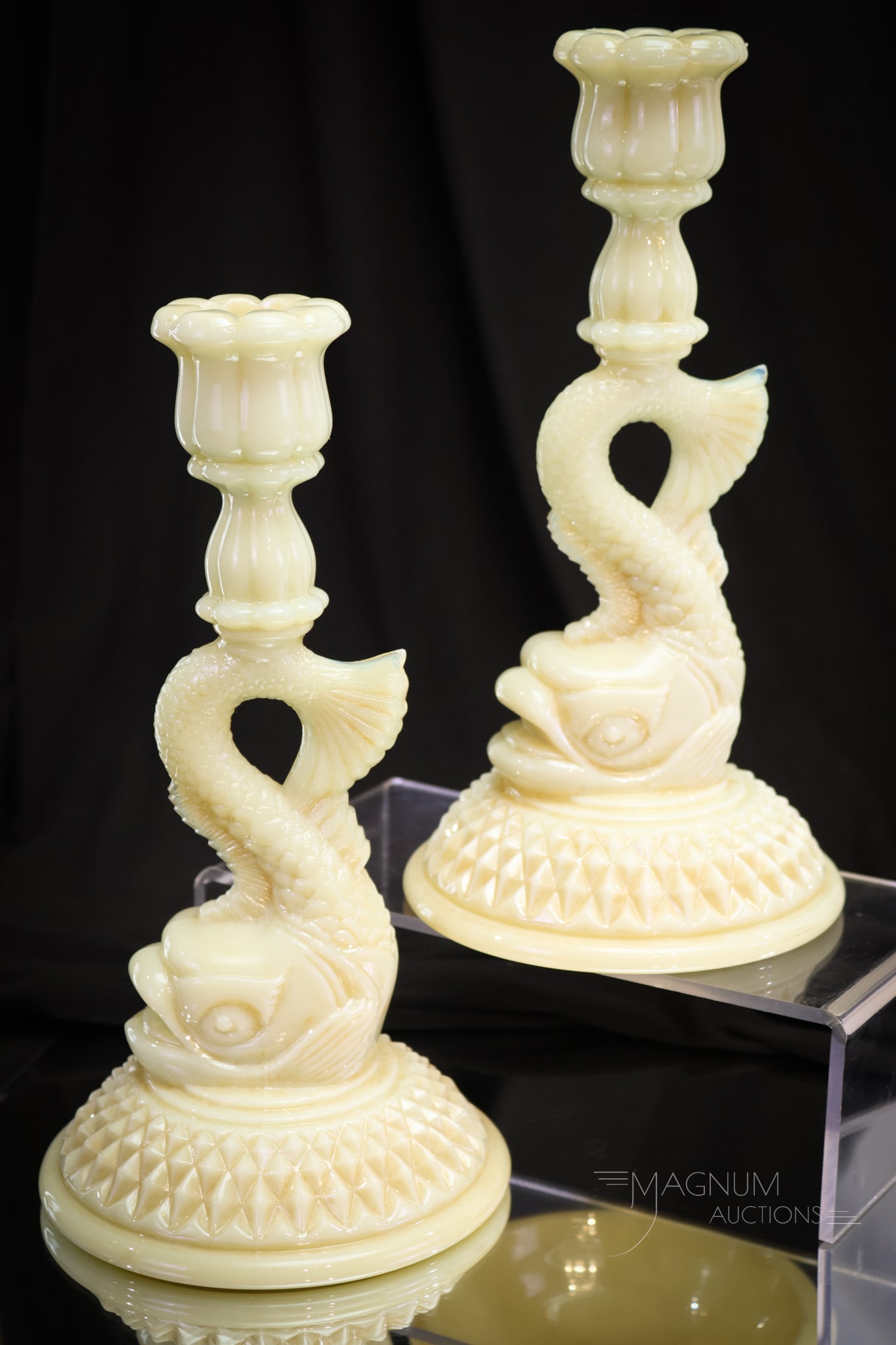 Pair Uranium Ivory Nutmeg Stain Cambridge Glass Dolphin Candlesticks (1 of 5)