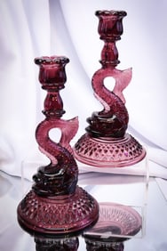 Pair Cambridge Glass Mulberry Dolphin Candlesticks