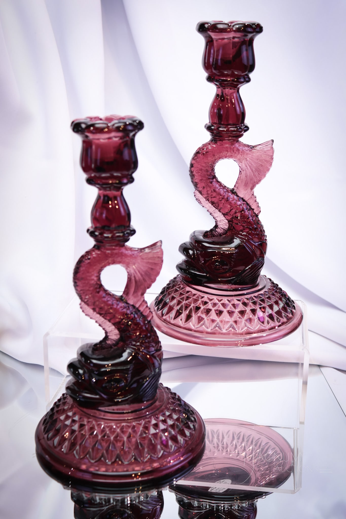 Pair Cambridge Glass Mulberry Dolphin Candlesticks (1 of 5)