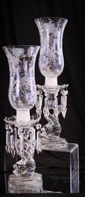 Pair Cambridge Glass Dolphin Candleabrum Wildflower Etching