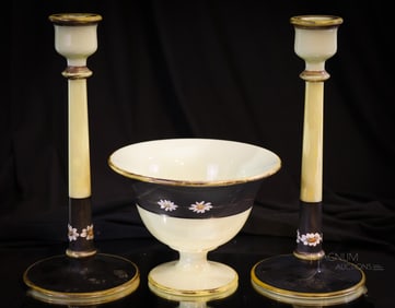 Cambridge Glass 3 pc Ivory Uranium & Black Enameled Console Set