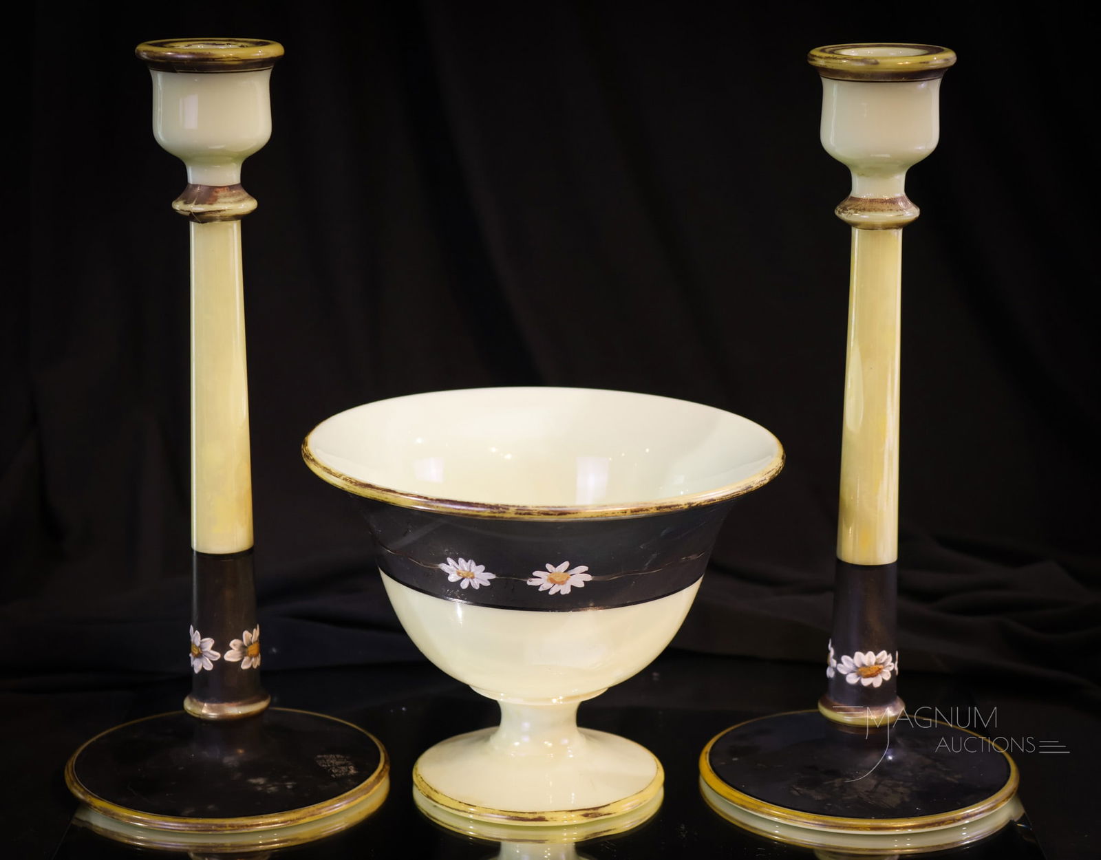 Cambridge Glass 3 pc Ivory Uranium & Black Enameled Console Set (1 of 8)