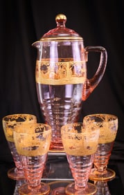 Rare CambridgePink Gilt Encrusted Hunt Scene Water Set