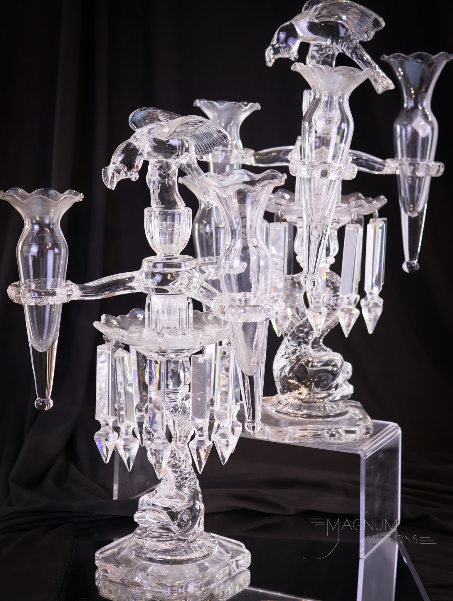 Pair Cambridge Glass Dolphin Candleabrum with Bluejays (1 of 6)