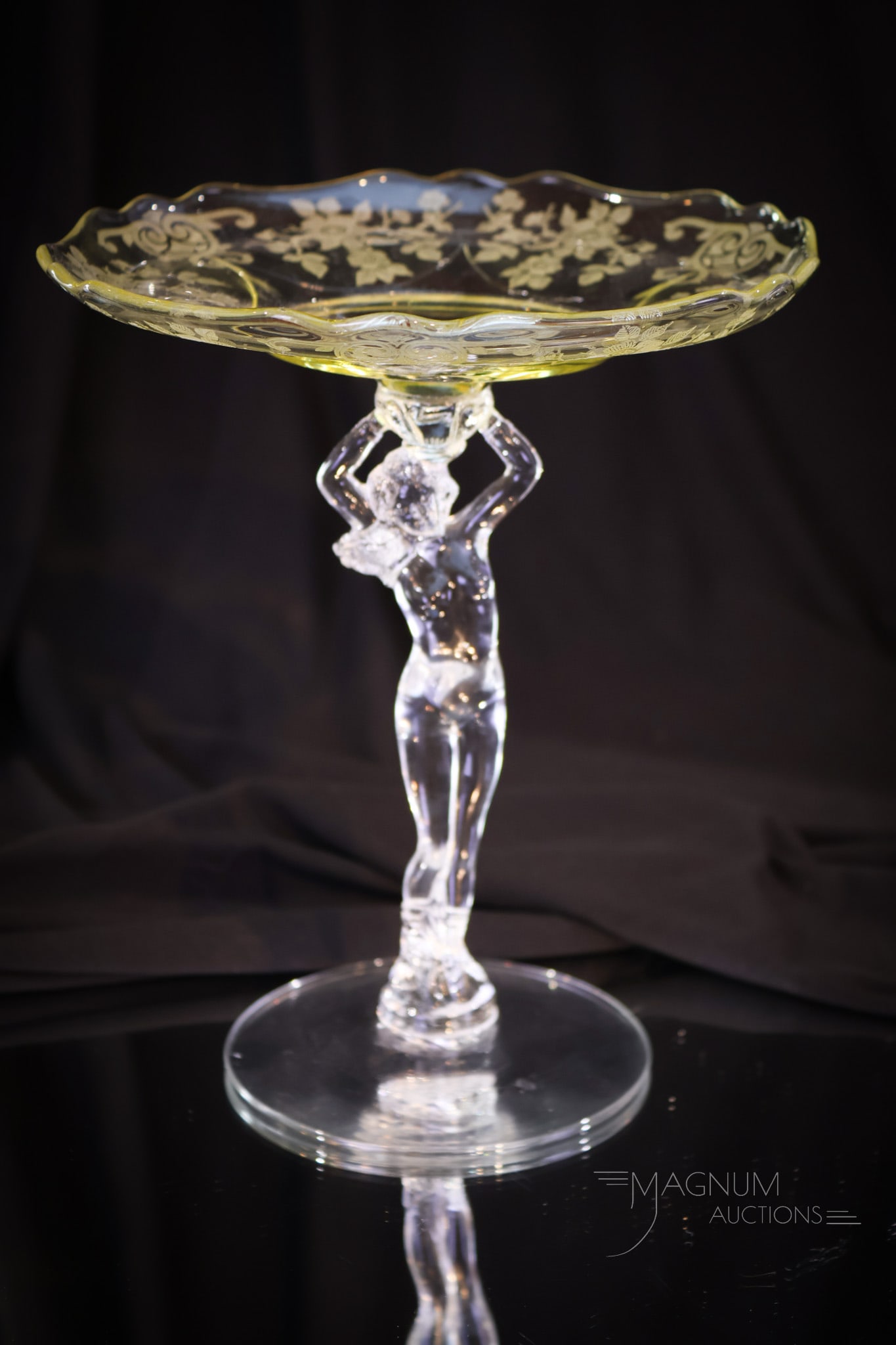 Rare Cambridge Glass Uranium Gold Krystol Nude Comport: A super rare Cambridge glass uranium gold Krystol nude form comport complete with Apple Blossom etching. Piece measures 8" tall.