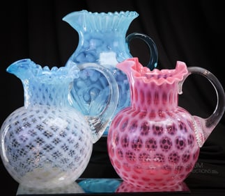 3 pc Lot Victorian Opalescent Water Pitchers Cranberry & More
