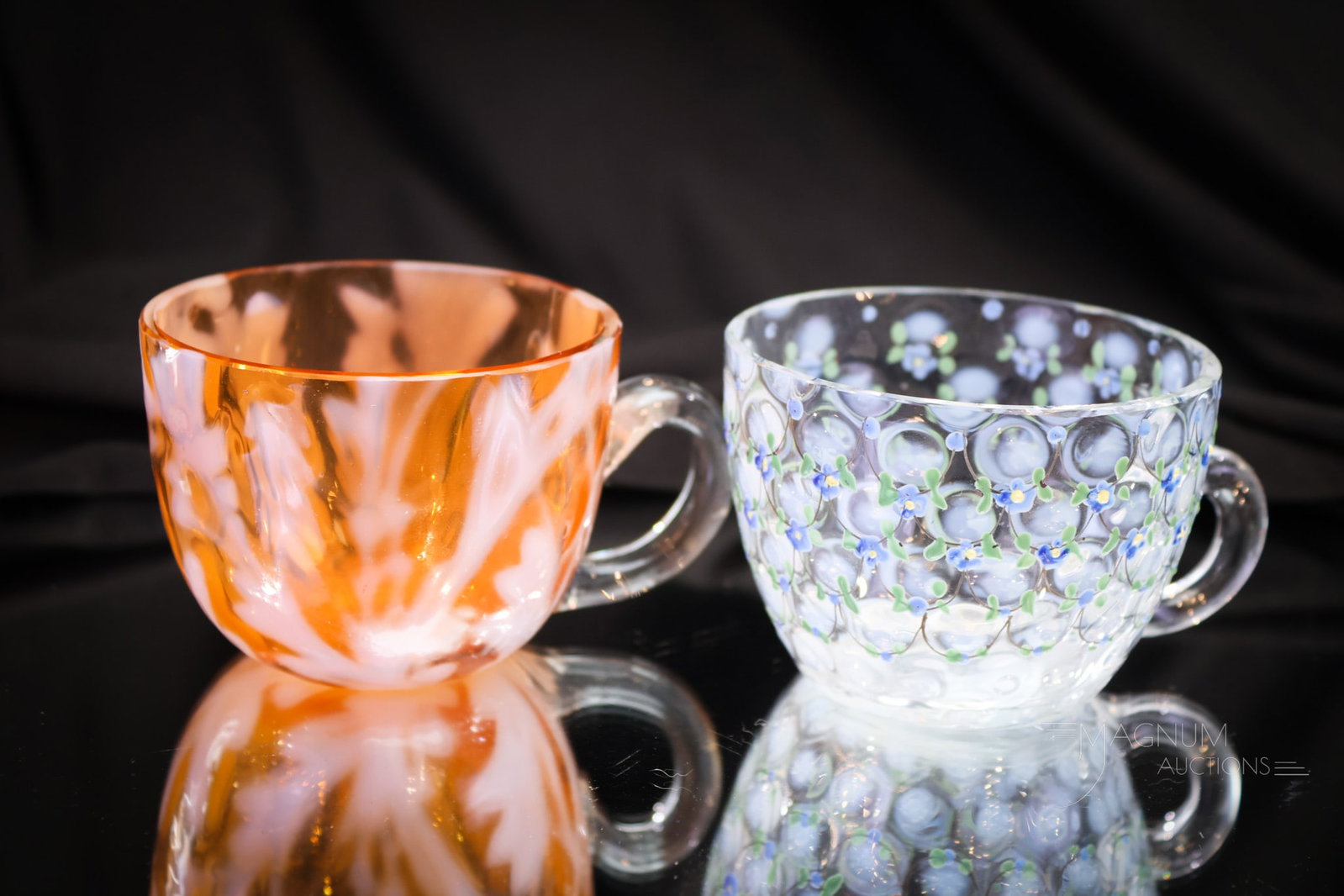 2 pc Lot Punch Custard Opalescent Cups Scottish Moor & More: Two fine examples of Victorian custard or punch cups in opalescent glass. The first is a rare bittersweet Scottish Moor pattern. The second is a Coinspot example with enameled decoration. Tallest of t