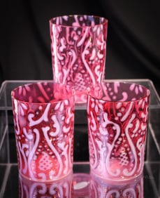 3 pc Lot Cranberry Opalescent Victorian Glass Arabian Nights Tumblers