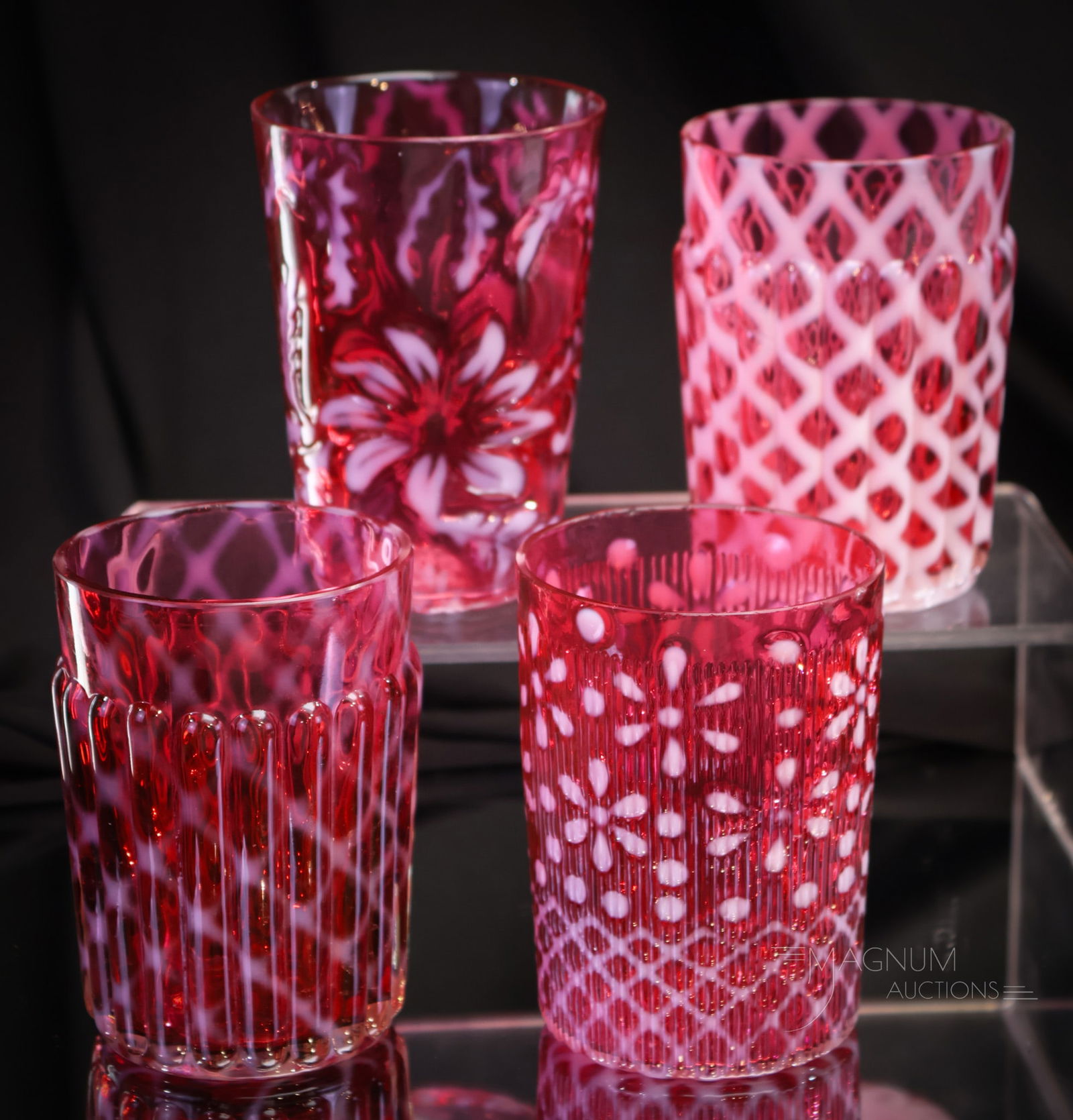 4 pc Lot Cranberry Opalescent Northwood Victorian Glass Tumblers (1 of 9)