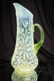 Northwood Vaseline Opalescent Victorian Poinsettia Glass Tankard Pitcher