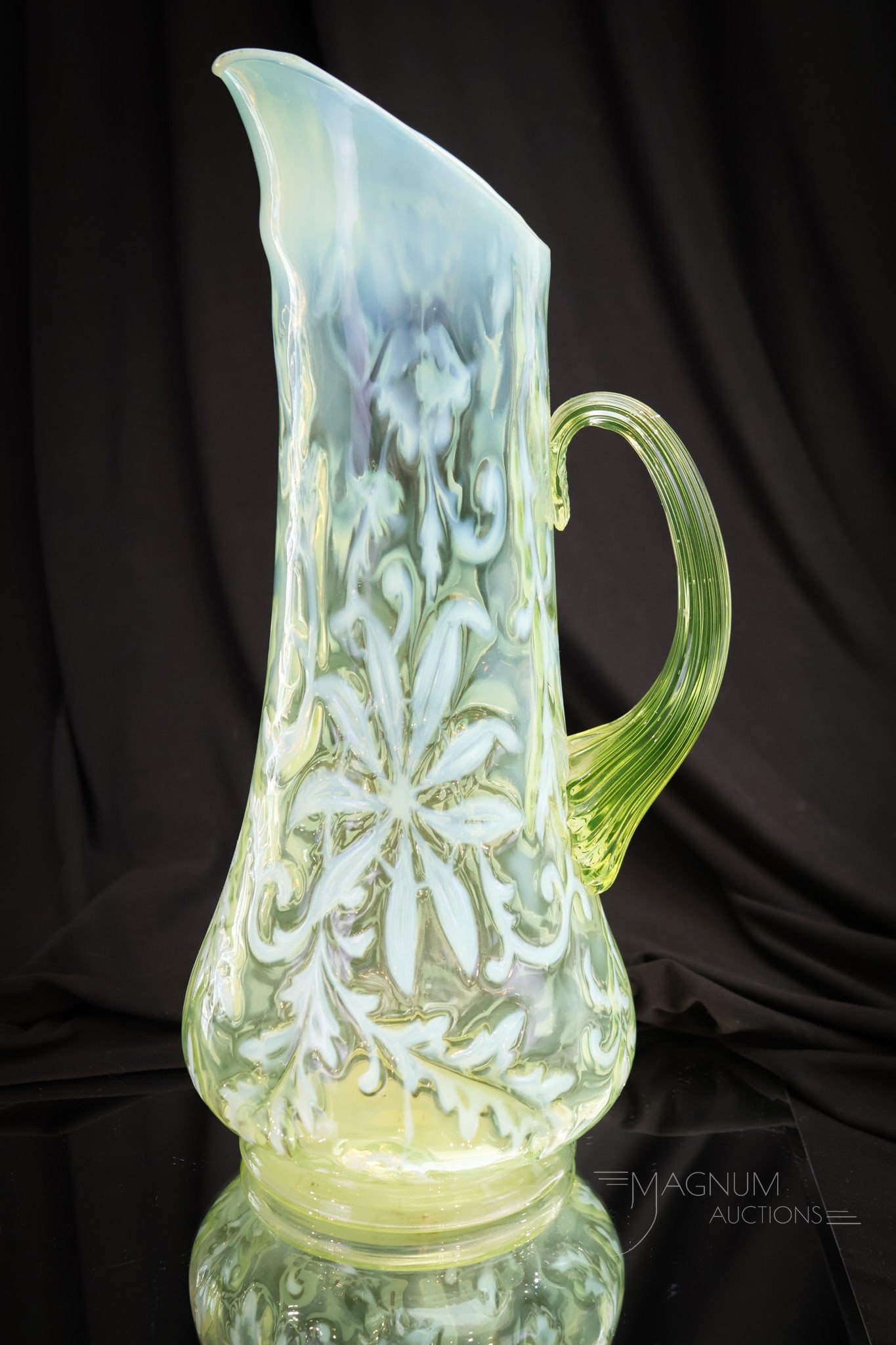 Northwood Vaseline Opalescent Victorian Poinsettia Glass Tankard Pitcher (1 of 6)