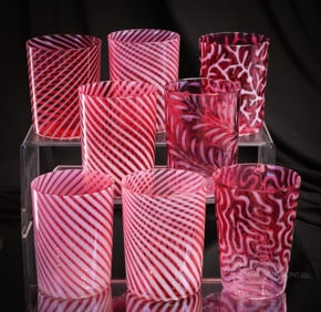 8 pc Lot Victorian Cranberry Opalescent Glass Tumblers