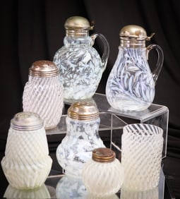 7 pc Lot Victorian Opalescent Glass Syrups Sugar Shakers & More