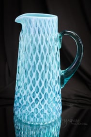 Northwood Blue Ribbed Opalescent Lattice Victorian Glass Tankard Pitcher