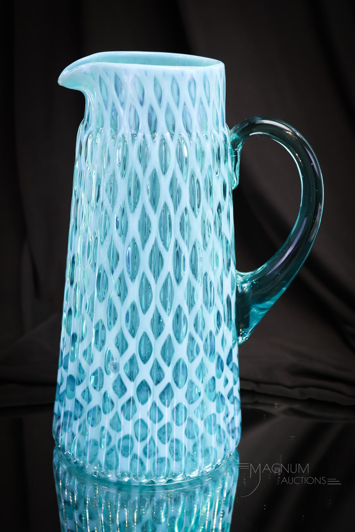Northwood Blue Ribbed Opalescent Lattice Victorian Glass Tankard Pitcher (1 of 5)