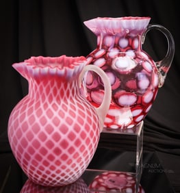 2 pc Lot Northwood Cranberry Opalescent Victorian Glass Water Pitchers