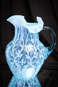 Northwood Blue Opalescent Victorian Glass Spanish Lace Water Pitcher
