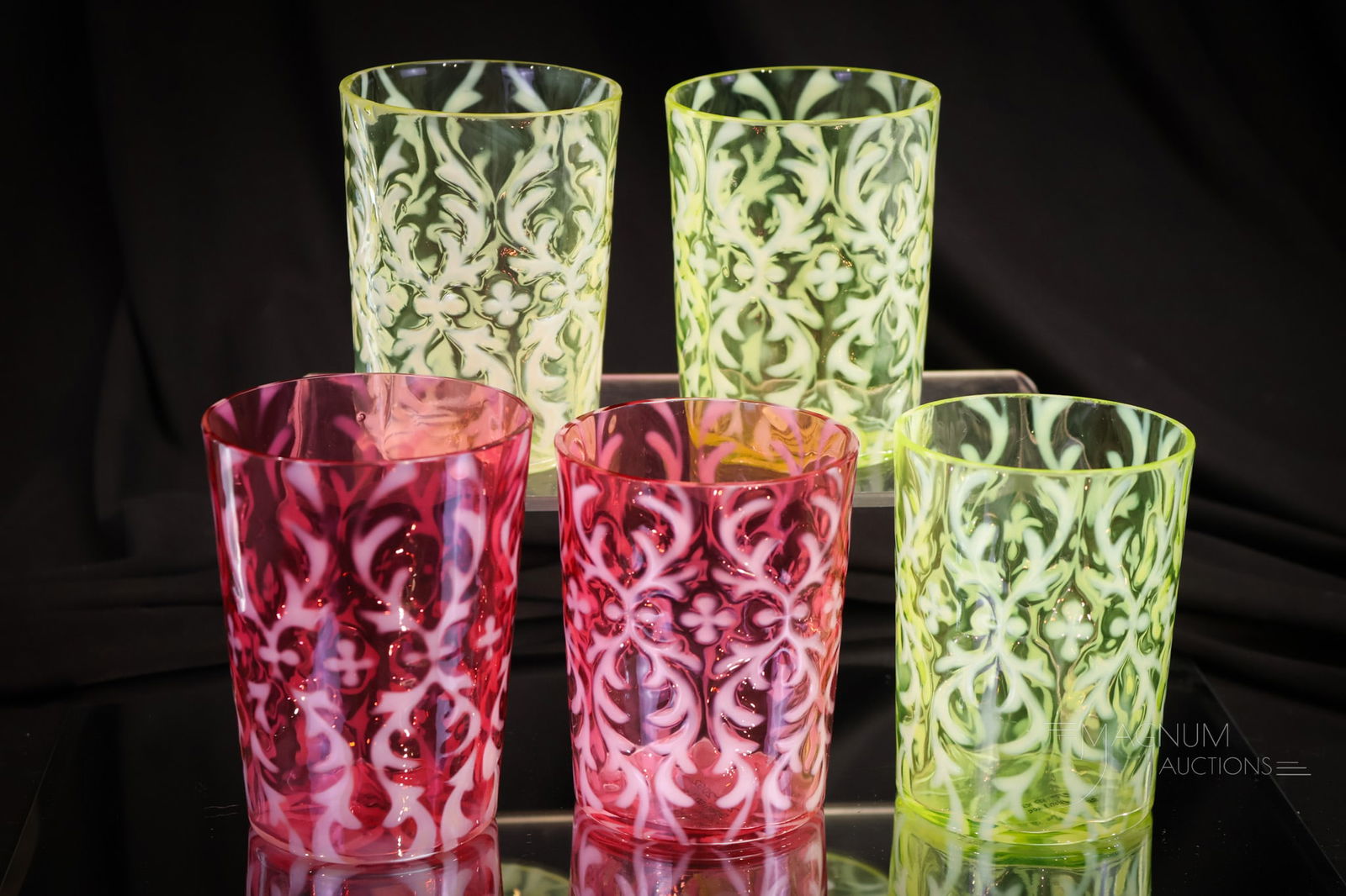 5 pc Lot Spanish Lace Northwood Victorian Glass Tumblers Vaseline & More (1 of 6)