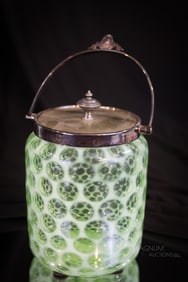 Uranium Green Opalescent Victorian Glass Honeycomb Biscuit Jar