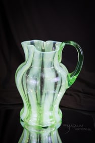 Uranium Green Opalescent Heart Top Corset Victorian Glass Water Pitcher