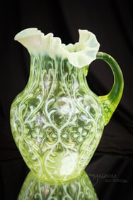 Northwood Vaseline Opalescent Spanish Lace Victorian Glass Water Pitcher
