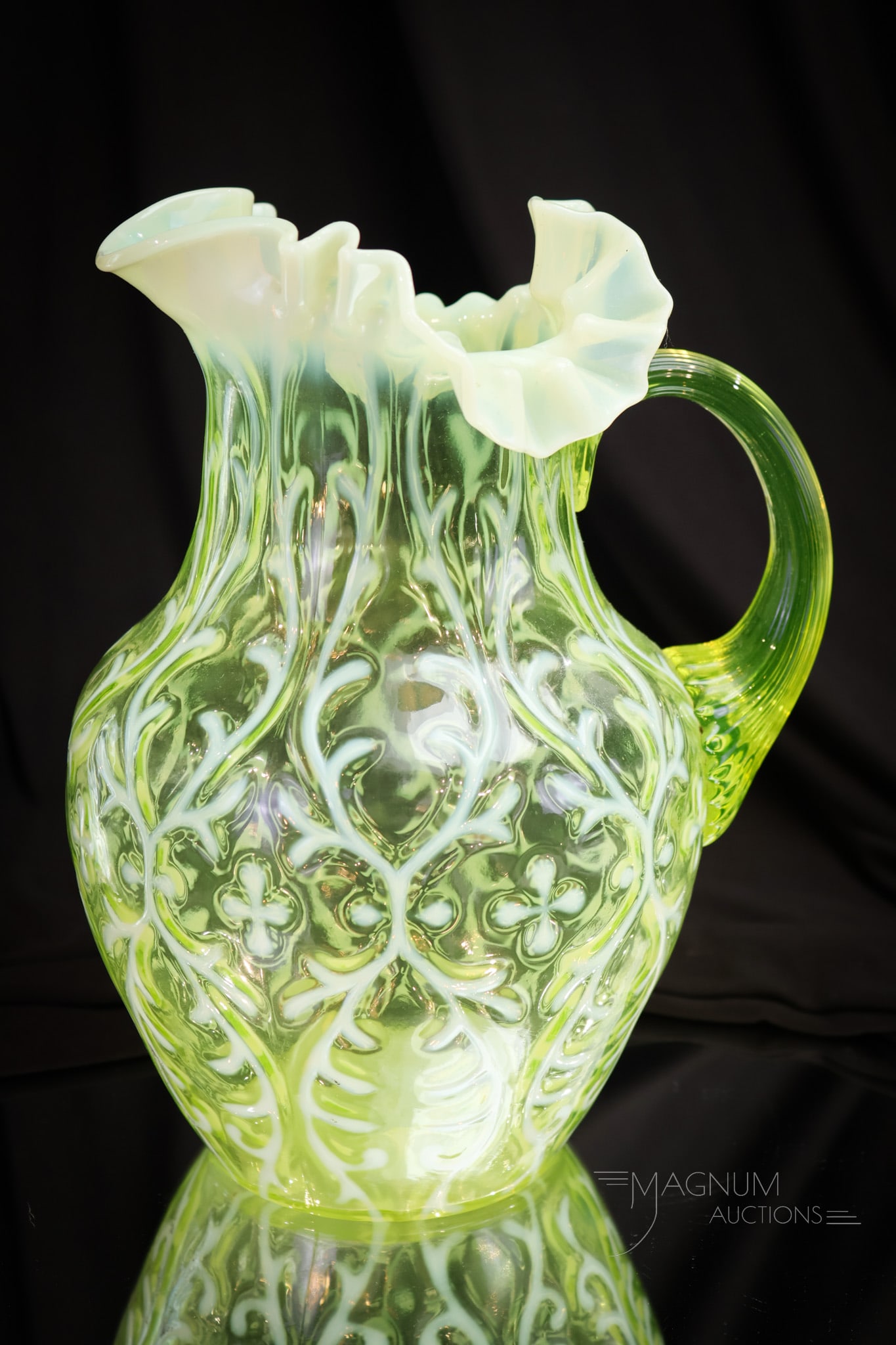 Northwood Vaseline Opalescent Spanish Lace Victorian Glass Water Pitcher (1 of 6)