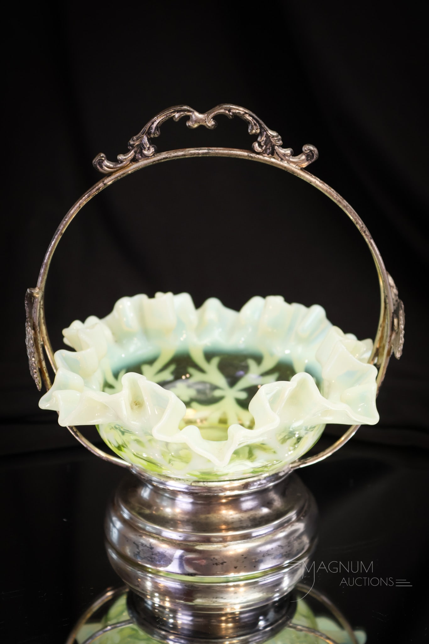 Northwood Vaseline Opalescent Glass Miniature Spanish Lace Brides Bowl: How charming is this fine piece? We think it is delightful. Vasies stand up and wait in line to bid on this fine delight! This miniature brides bowl measures in at 7" tall to the top of the handle and