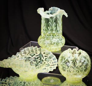 3 pc Lot Northwood Vaseline Opalescent Spanish Lace Victorian Glass