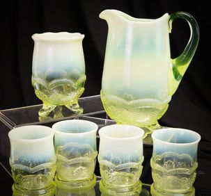 6 pc Lot Victorian Model Flint Vaseline Opalescent Glass