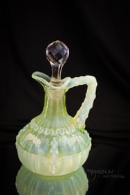 Northwood Vaseline Opalescent Glass Decorated Alaska Cruet