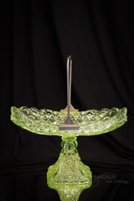 Rare Vaseline Victorian Daisy & Button Thumbprint Glass Pedestal Cake Basket