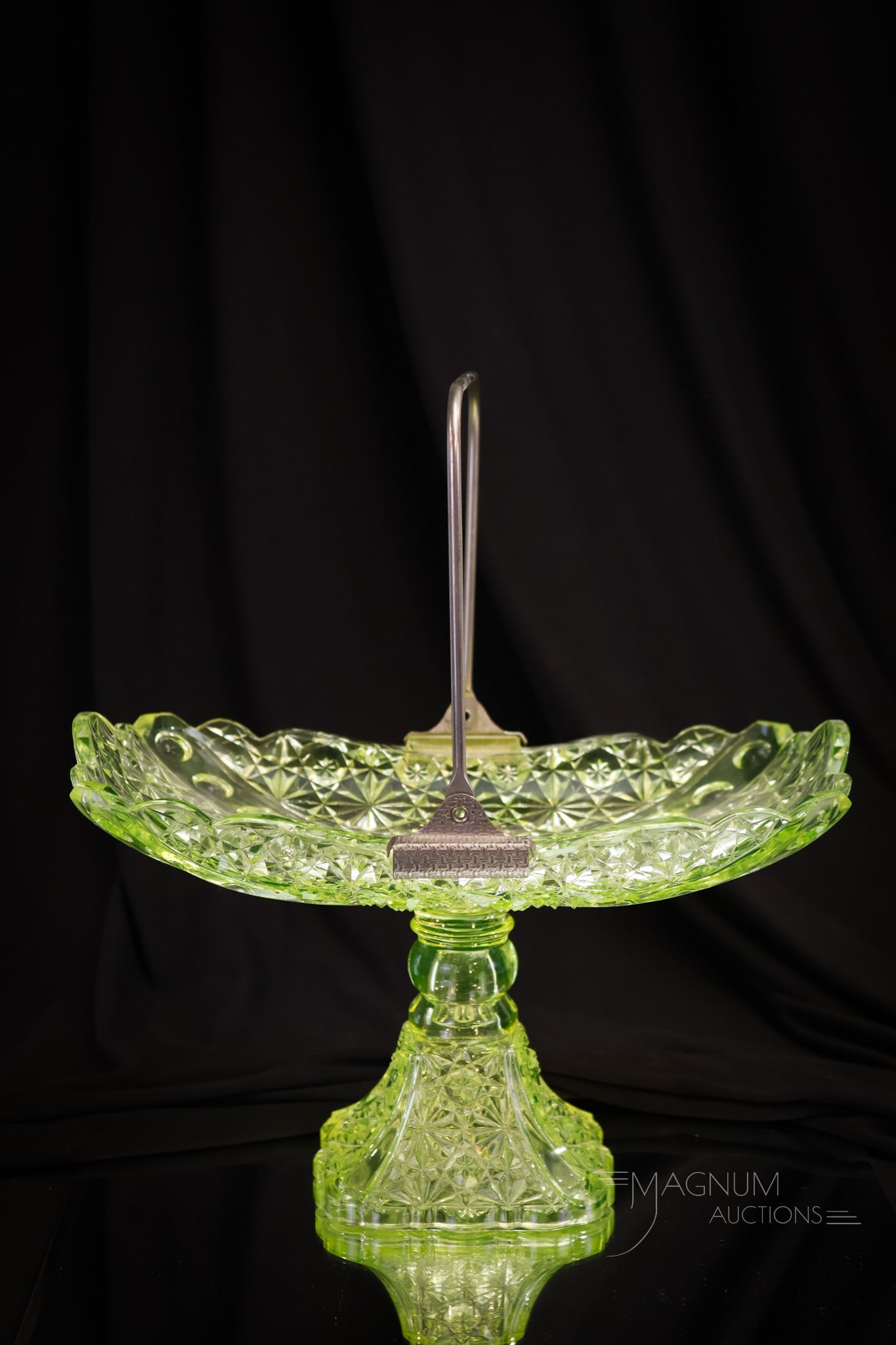 Rare Vaseline Victorian Daisy & Button Thumbprint Glass Pedestal Cake Basket (1 of 7)