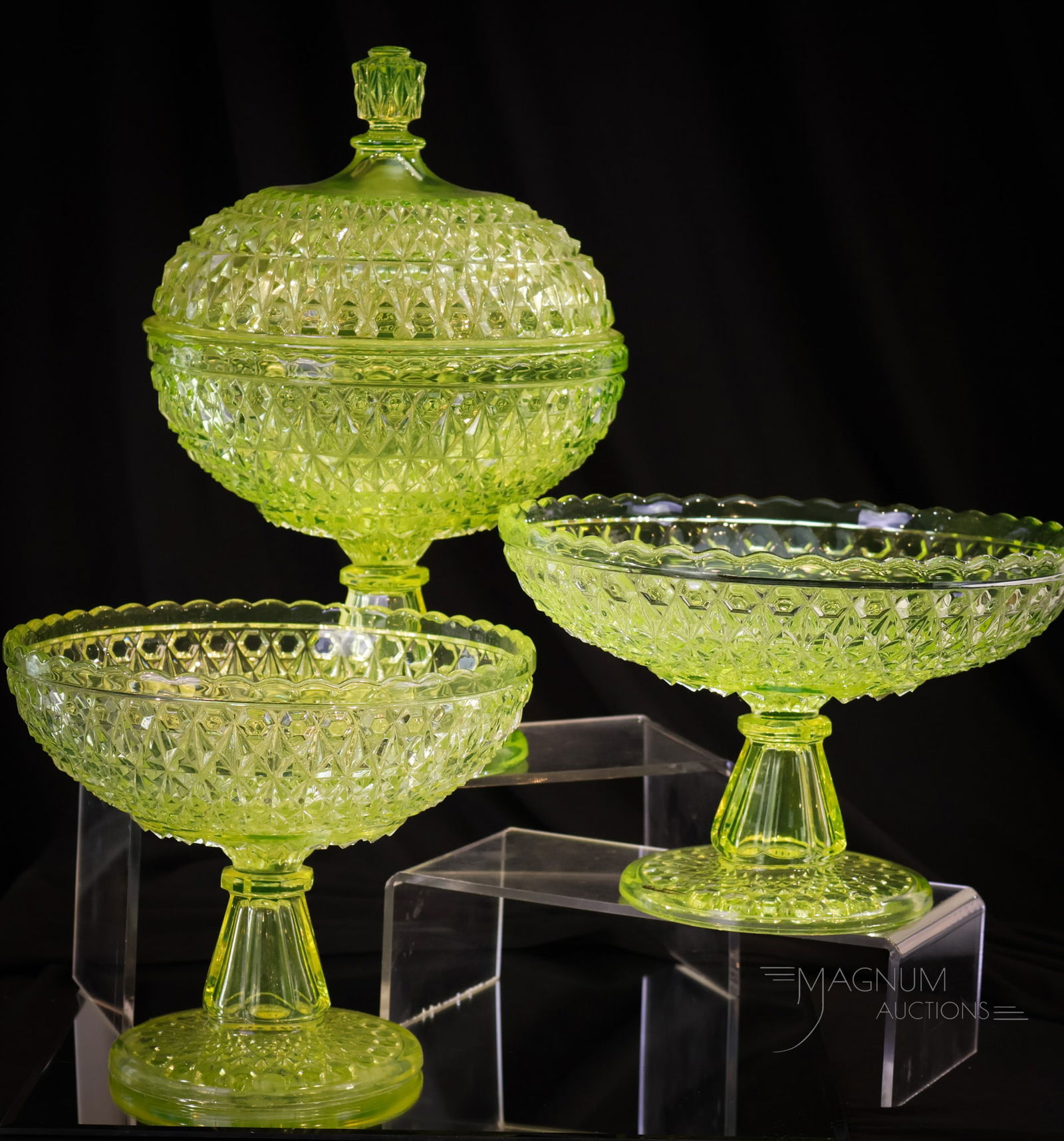 3 pc Lot Victorian Vaseline Central Glass Compotes (1 of 13)