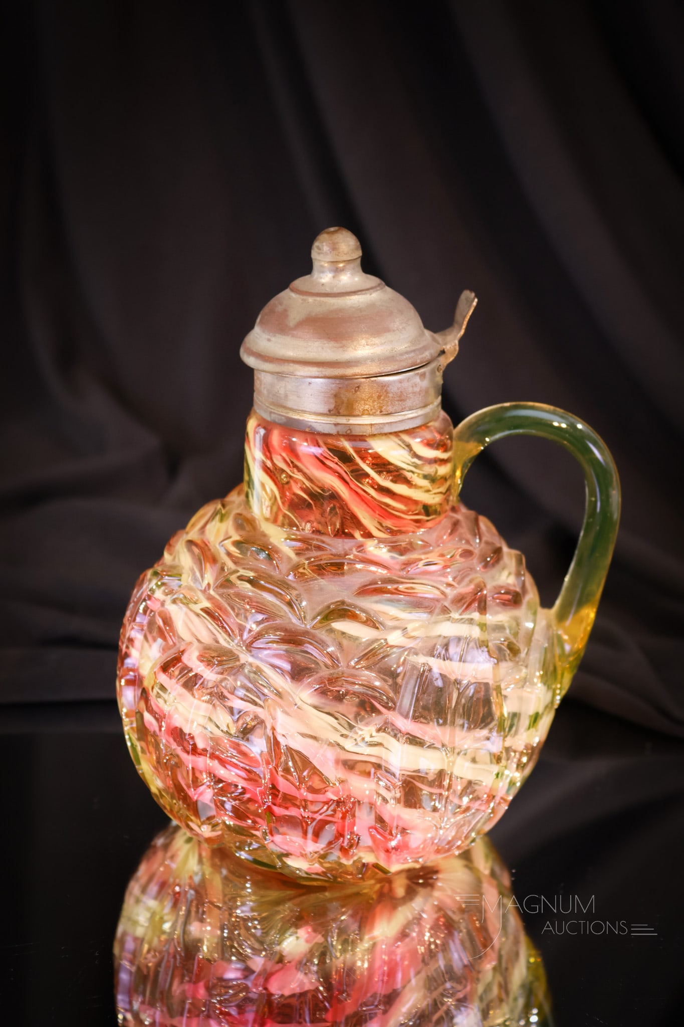 Northwood Vaseline Cranberry Spatter Victorian Glass Leaf Mold Syrup Pitcher (1 of 8)