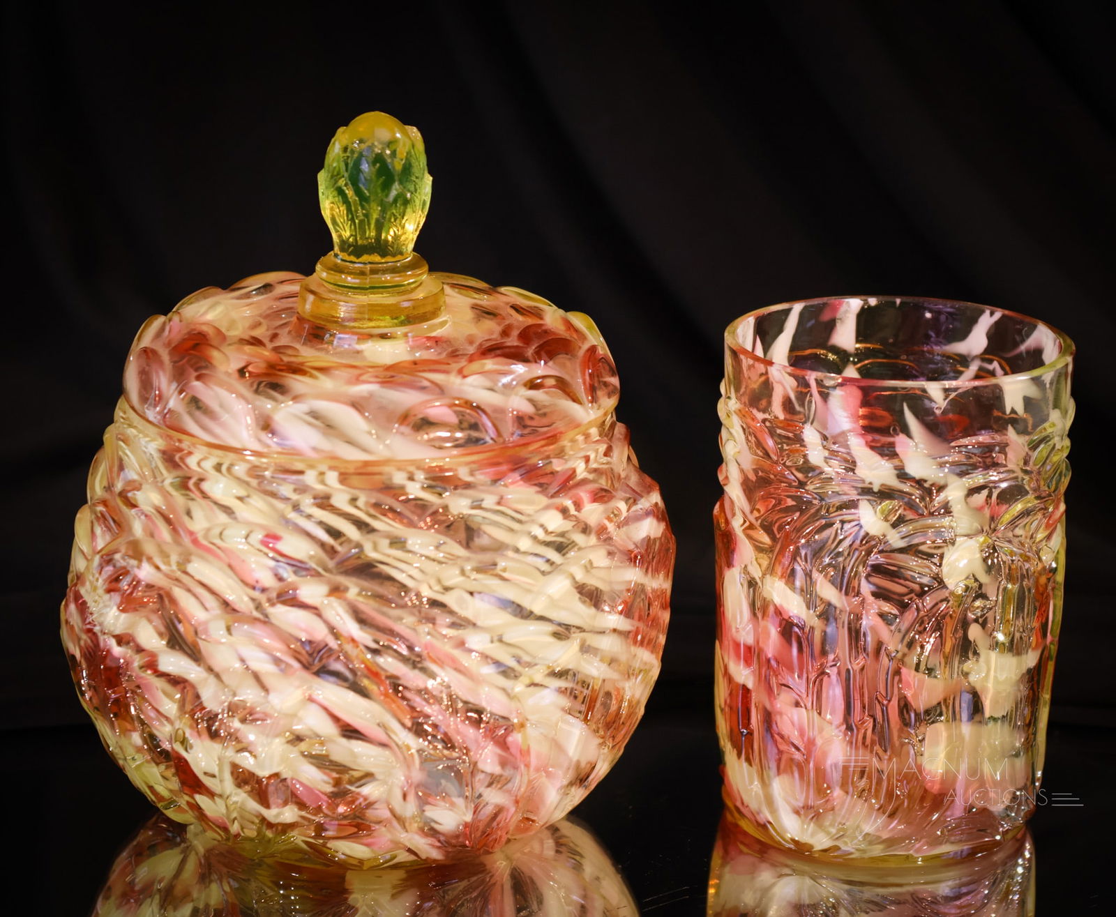 2 pc Lot Northwood Cranberry Vaseline Leaf Mold Victorian Glass (1 of 9)